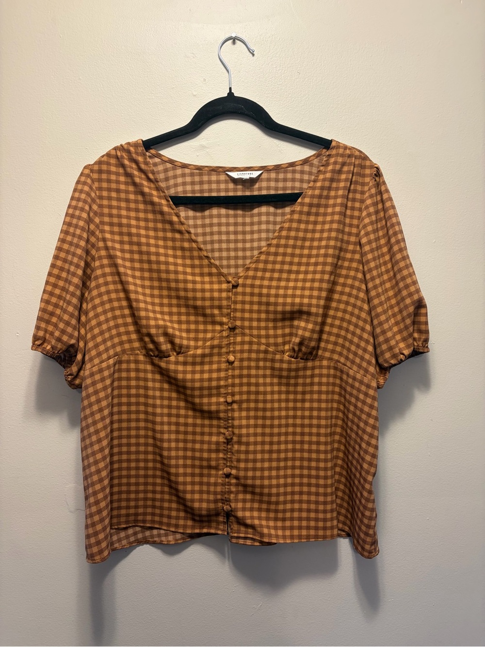 Reitmans Brown and Mustard Gingham Button-Front Top